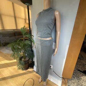 Two-Piece Eyelet Detail Tank and Maxi Skirt Set in Olive Green